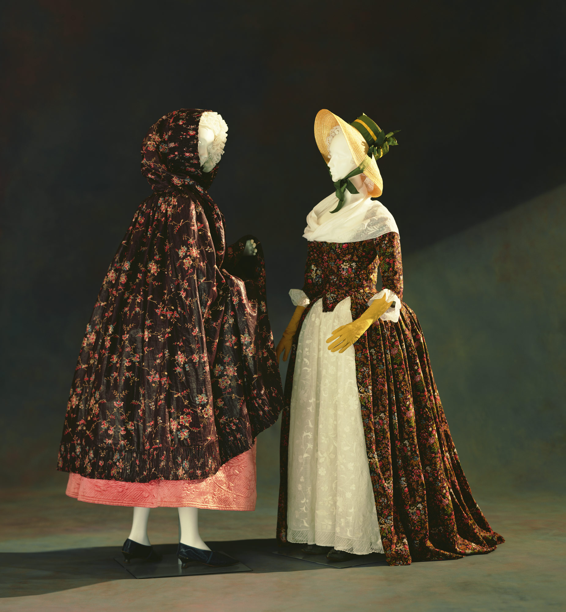 Hooded Cape, Petticoat [Left] Dress (robe à l'anglaise) [Right]